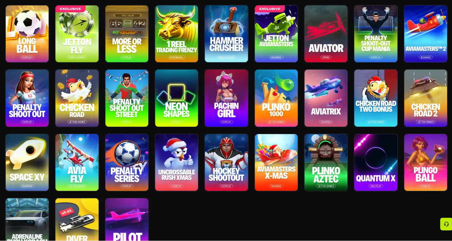 Розділ швидких ігор Jetton: Aviator від Spribe, Aviatrix, Plinko 1000 і Chicken Road під лейблом JetTon Games, ексклюзиви JetTon Fly та Jetton Aviamasters